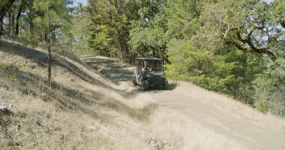 People ride in a motorized cart down a path through the woods