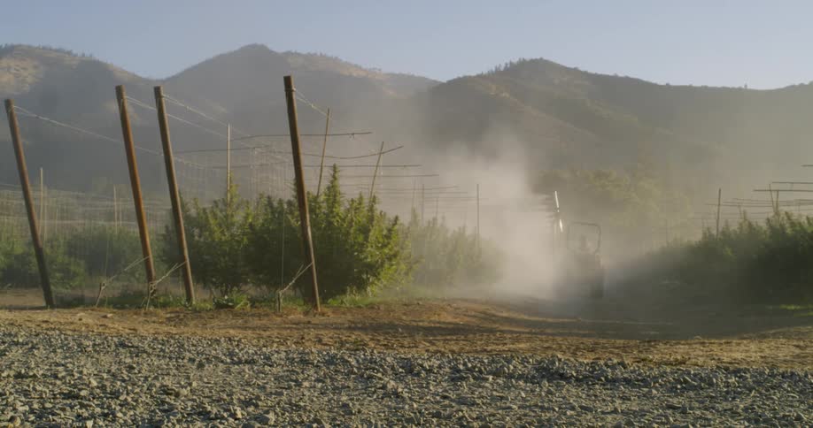 The vehicle is leaving a mist spray as it passes the crops on the farm