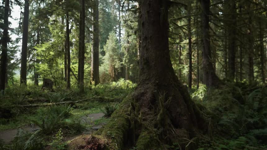 A hiker travels on a forest trail