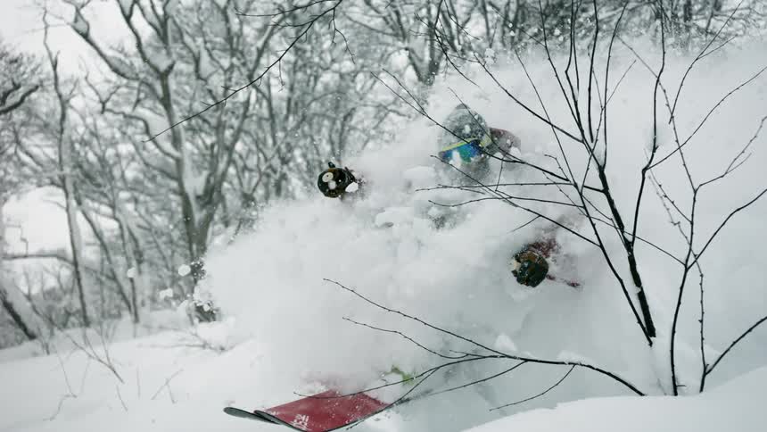 A person skiing down a snowy hill surrounded by trees