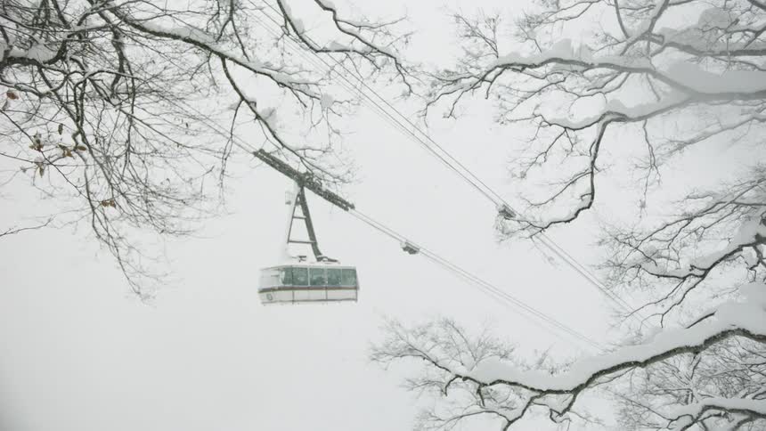 A gondola is hanging suspended from its cables on a snowy day