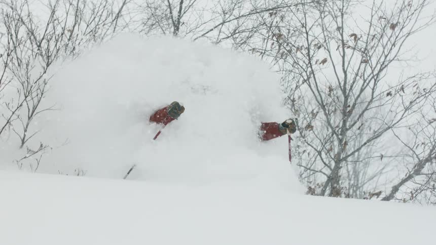 A skier is turning through deep snow and tree branches as he skies downhill