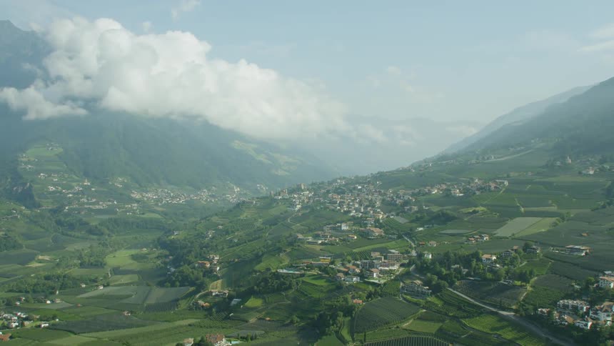 Village of houses in the mountains on a cloudy day