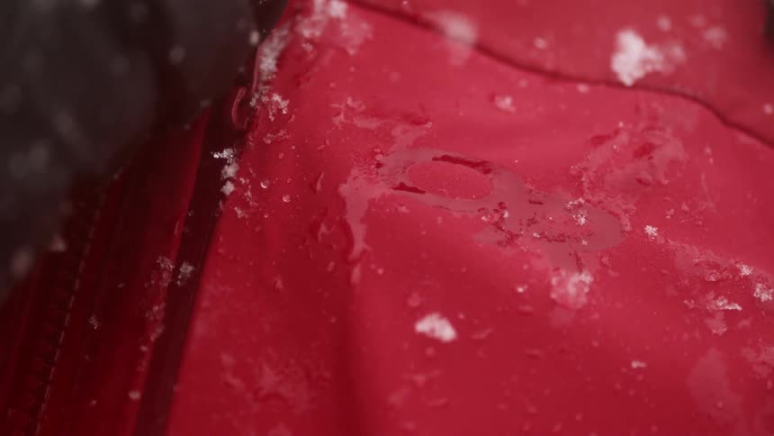 A person zips up their coat in the snow