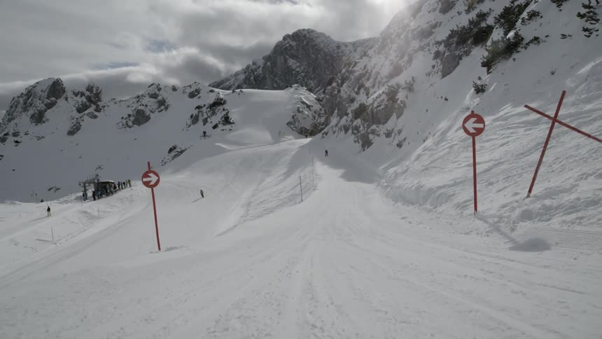 A ski slope is guided by signs on each side of it