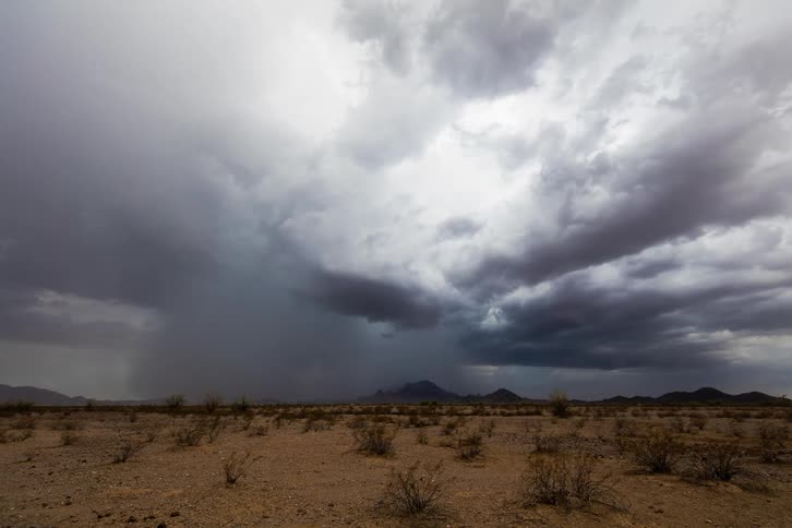 Storm clouds are moving over a desert setting during the day