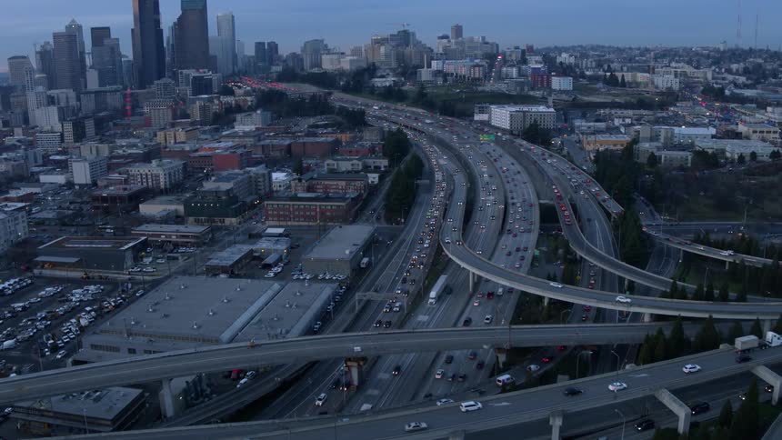 A busy freeway interchange near downtown Seattle