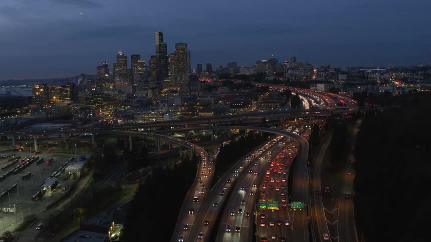 Flying toward downtown Seattle during the evening rush hour