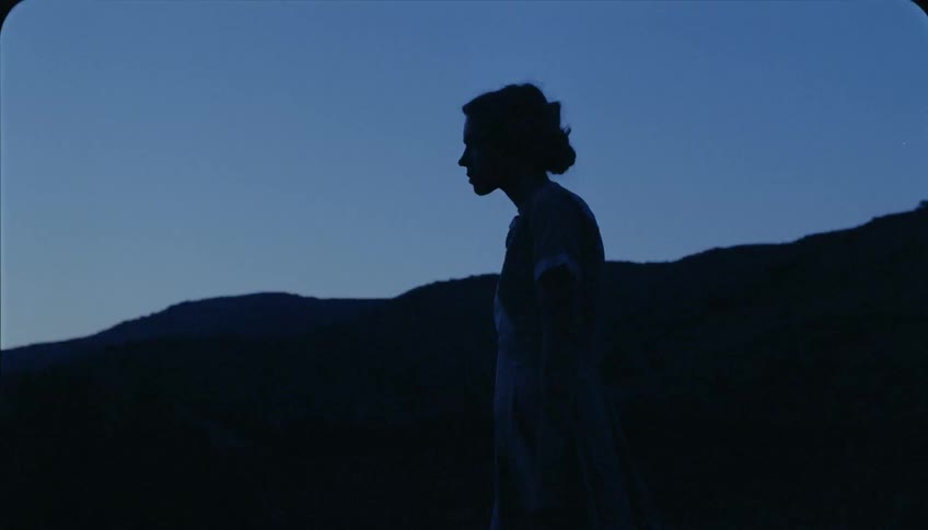 A woman wearing a dress walks outside at dusk