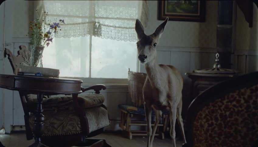 The deer stands looking around in the living room