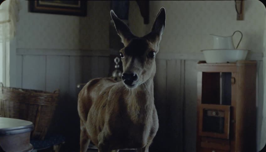 Deer stands in the dining room of a house