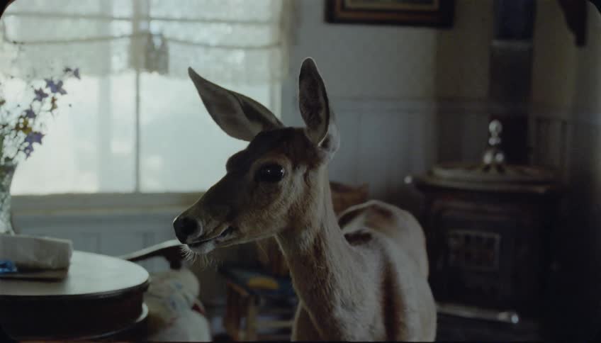 A deer is standing inside a living room looking around in daylight