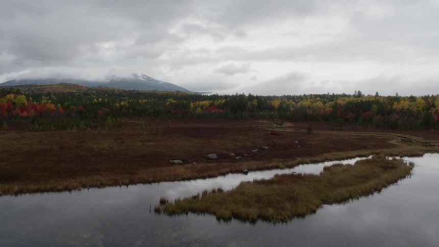 A river flows through a forest with fall foliage