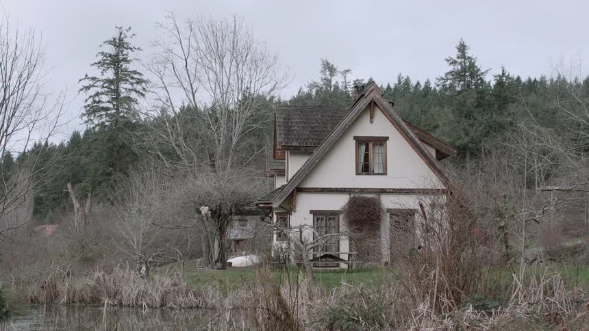 A person walks to the door of a house on a river bank