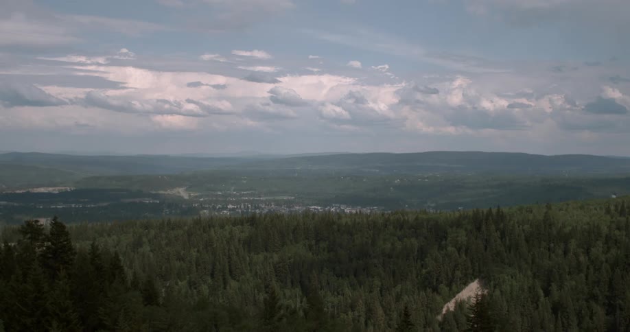 Storm clouds are hanging over a forest and valley in daylight