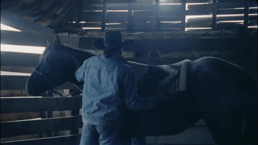 A man is putting a blanket on a horse inside a stable in daylight