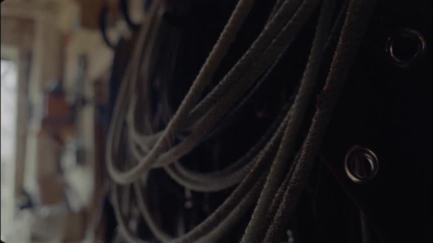 The ropes are hanging in the dark barn