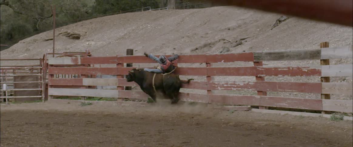 A cowboy rides a bull and falls off onto a fence