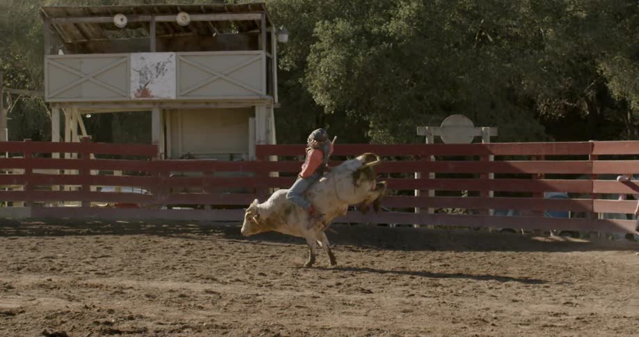 A man rides a bull in a paddock