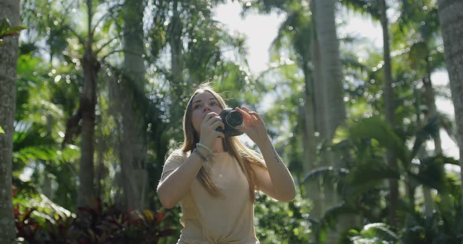 Woman standing by trees takes pictures on a sunny day