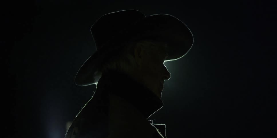 A cowboy stands beneath a bright light at night