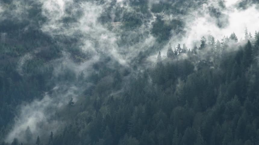 Smoke and haze lift from the side of a mountain