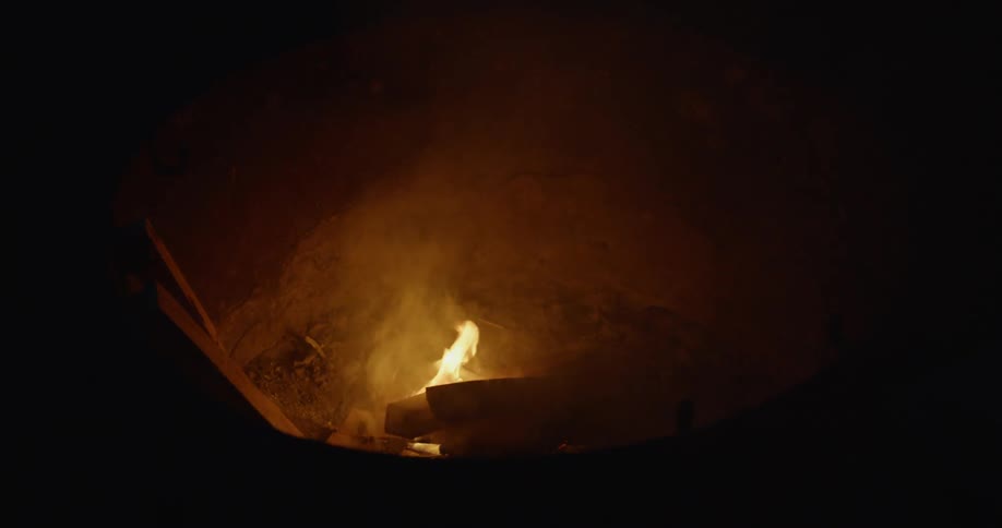 Pieces of wood burn to make a small fire
