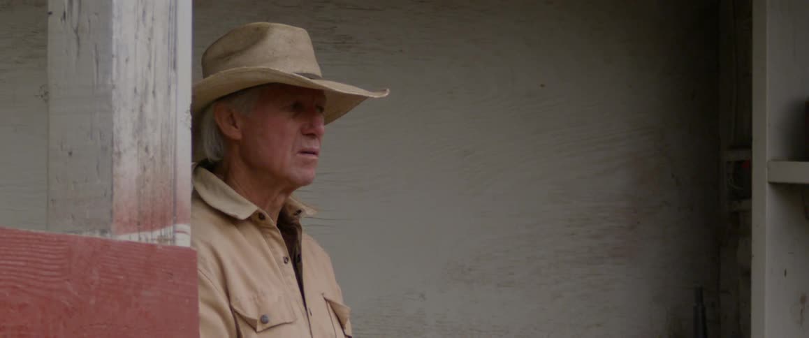 A man in a cowboy hat leans against the wall looking around