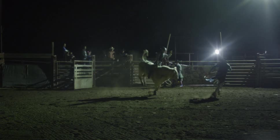 A bull rider rides on a bucking bull