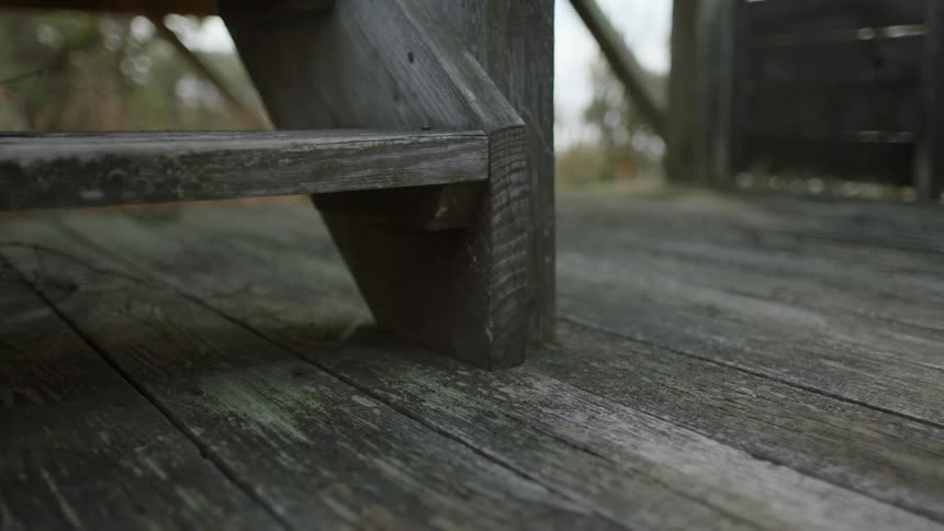 Stairs are leading up from a wood deck in daylight