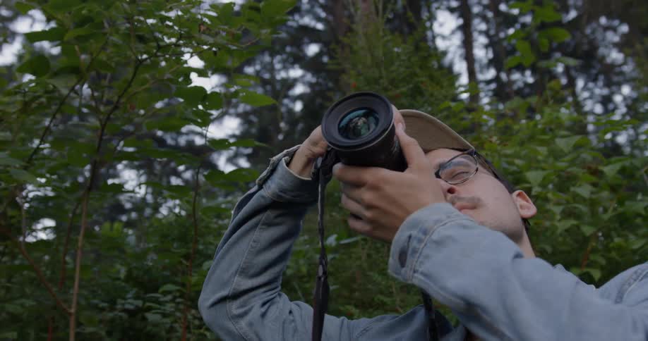 Man takes pictures in the woods