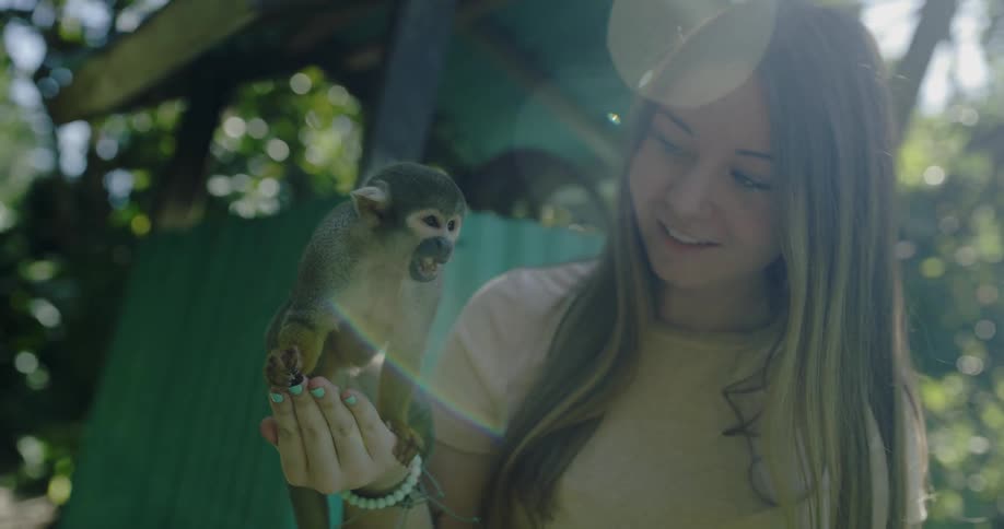 A woman is carrying a monkey in her hand