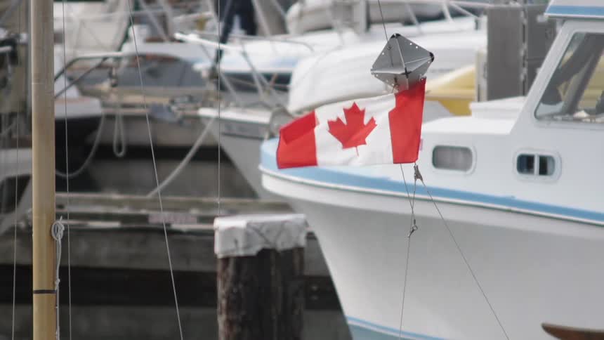 Flag waves near several boats parked at docks