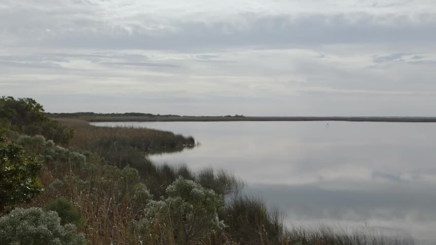 Clouds are hanging over a lagoon and wetlands during the day