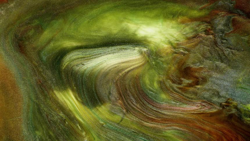 Green and brown metallic liquid swirls together