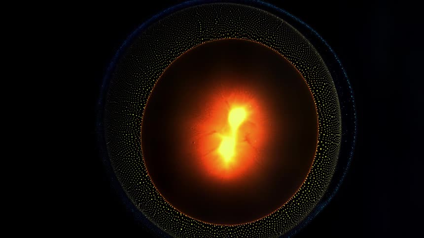 A drop of neon ink explodes and creates a mesh of micro dots