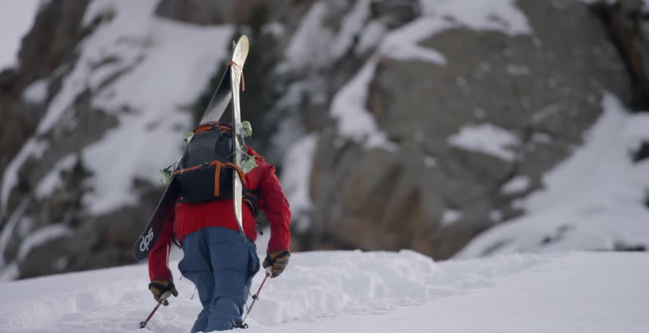 A skier climbs a hill while carrying skis