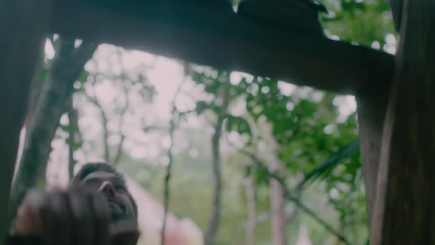 Man follows a young child up a ladder in the forest