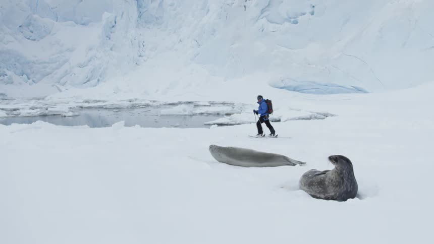 A man uses skis to approach the water