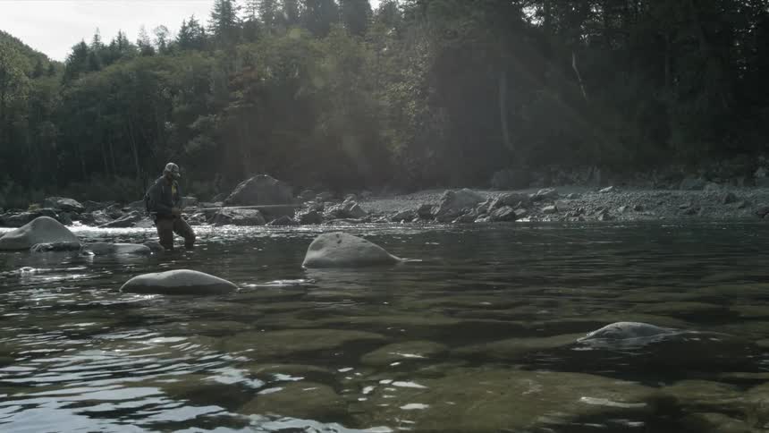 A man fishes in a forest river