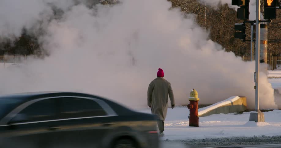 A man walks into pouring steam on the side of the street