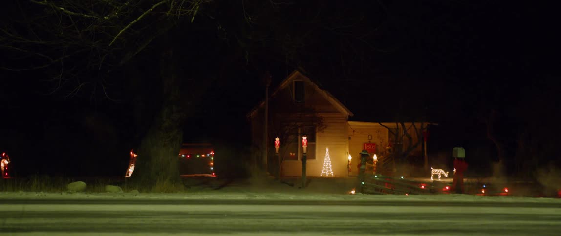 Christmas decorations are displayed outside of a house