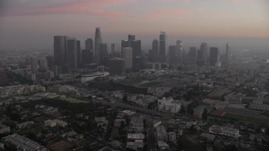 Smog is hanging over los angeles at dusk