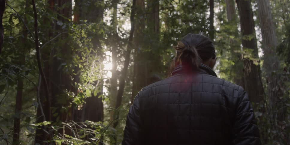 A woman walks in a forest