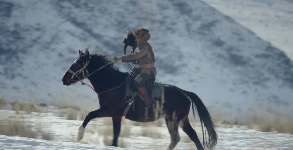 A man rides a horse while holding a large bird
