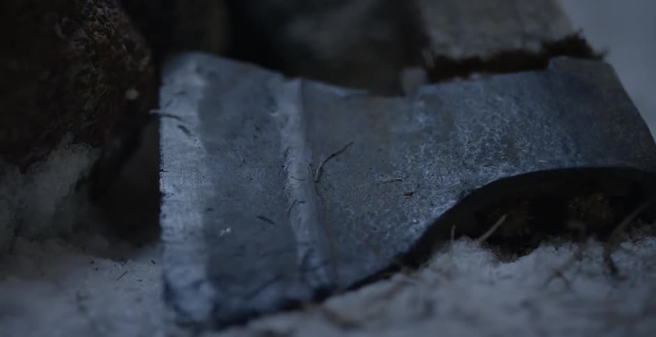 An ax lies idle outside in the snow
