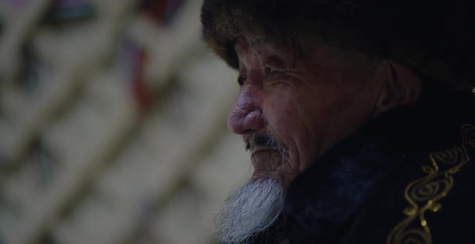 An elderly bearded man stares forward