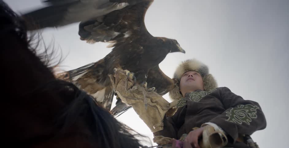 A man rides a horse with a hunting eagle