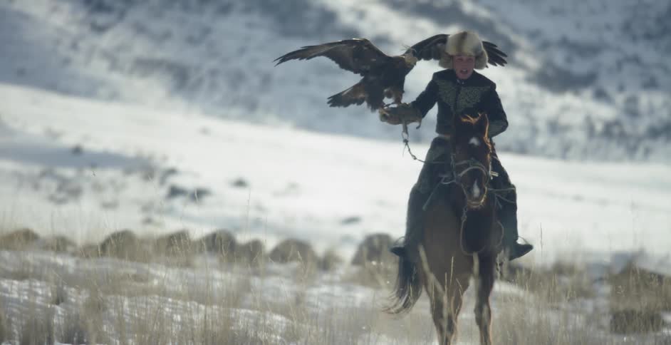 A mongolian man is holding an eagle as he rides a horse outside in winter