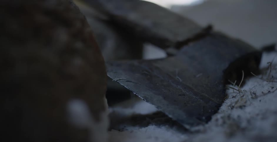 An ax lies idle outside in the snow